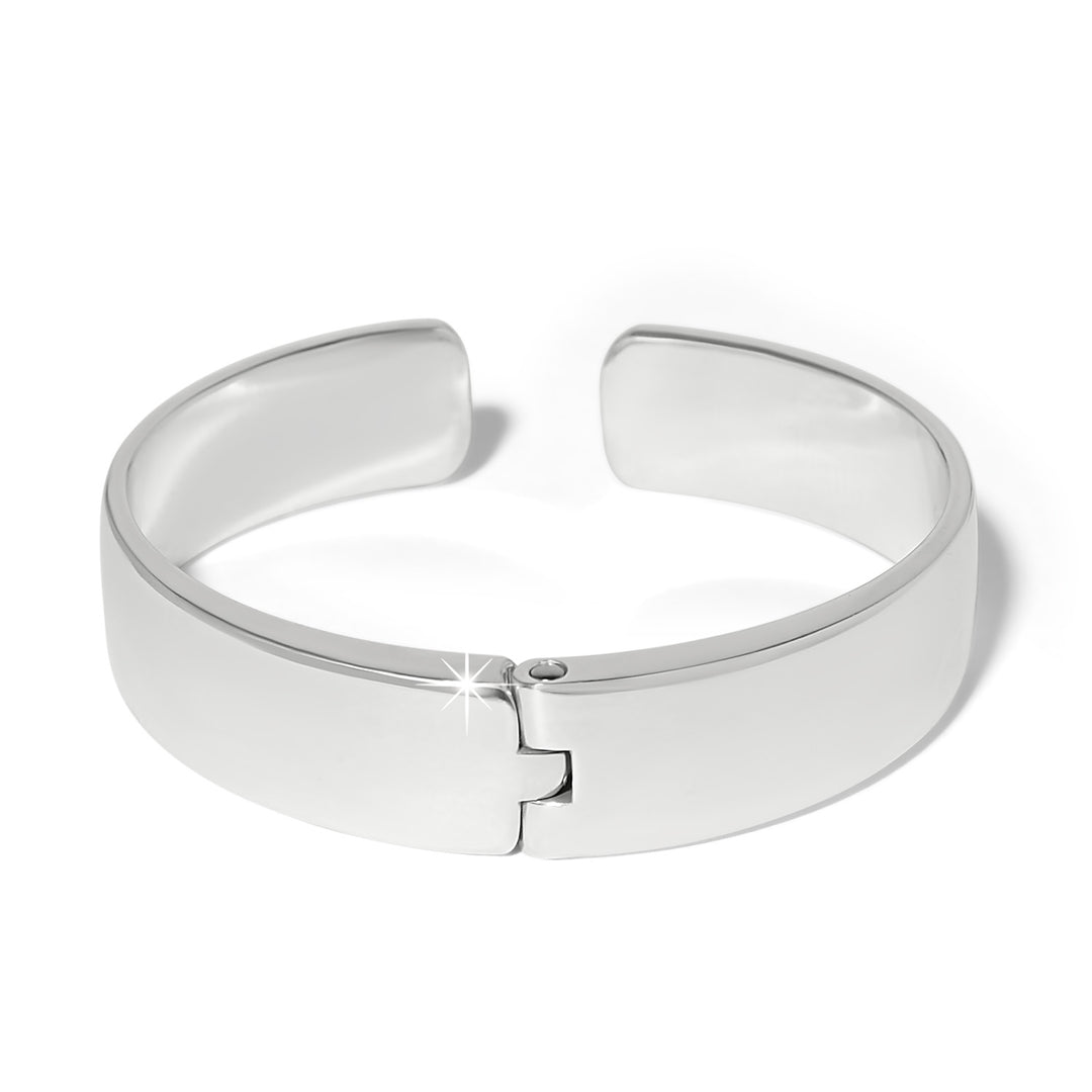 Silver-plated hinged bangle with blue crystals featuring the message 'Be yourself'