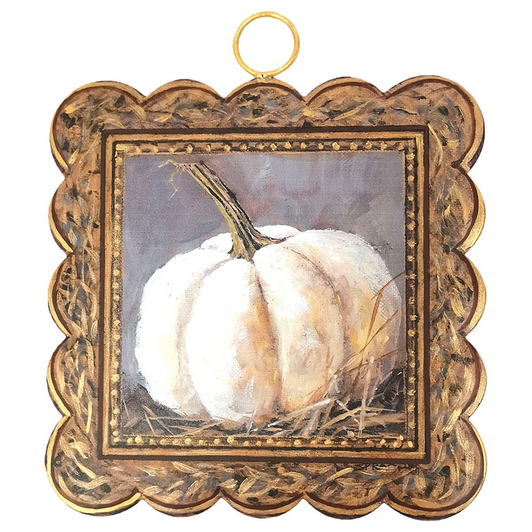 Mini scalloped art piece featuring a painted white pumpkin in a gilded vintage-style frame.