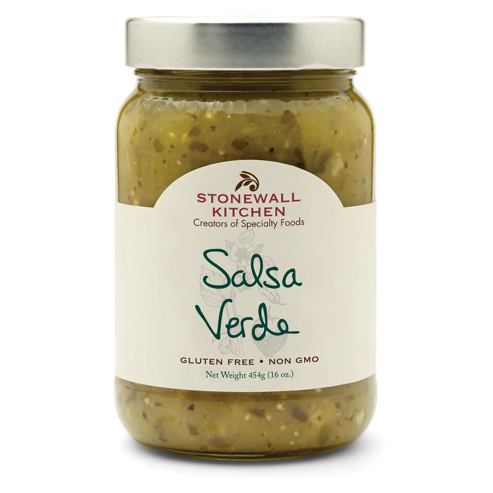 A 16oz glass jar of Stonewall Kitchen Salsa Verde with a silver lid and white label.