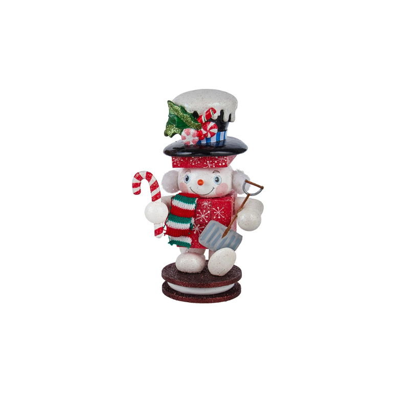 8-inch Hollywood snowman nutcracker with a candy cane, shovel, and festive top hat.