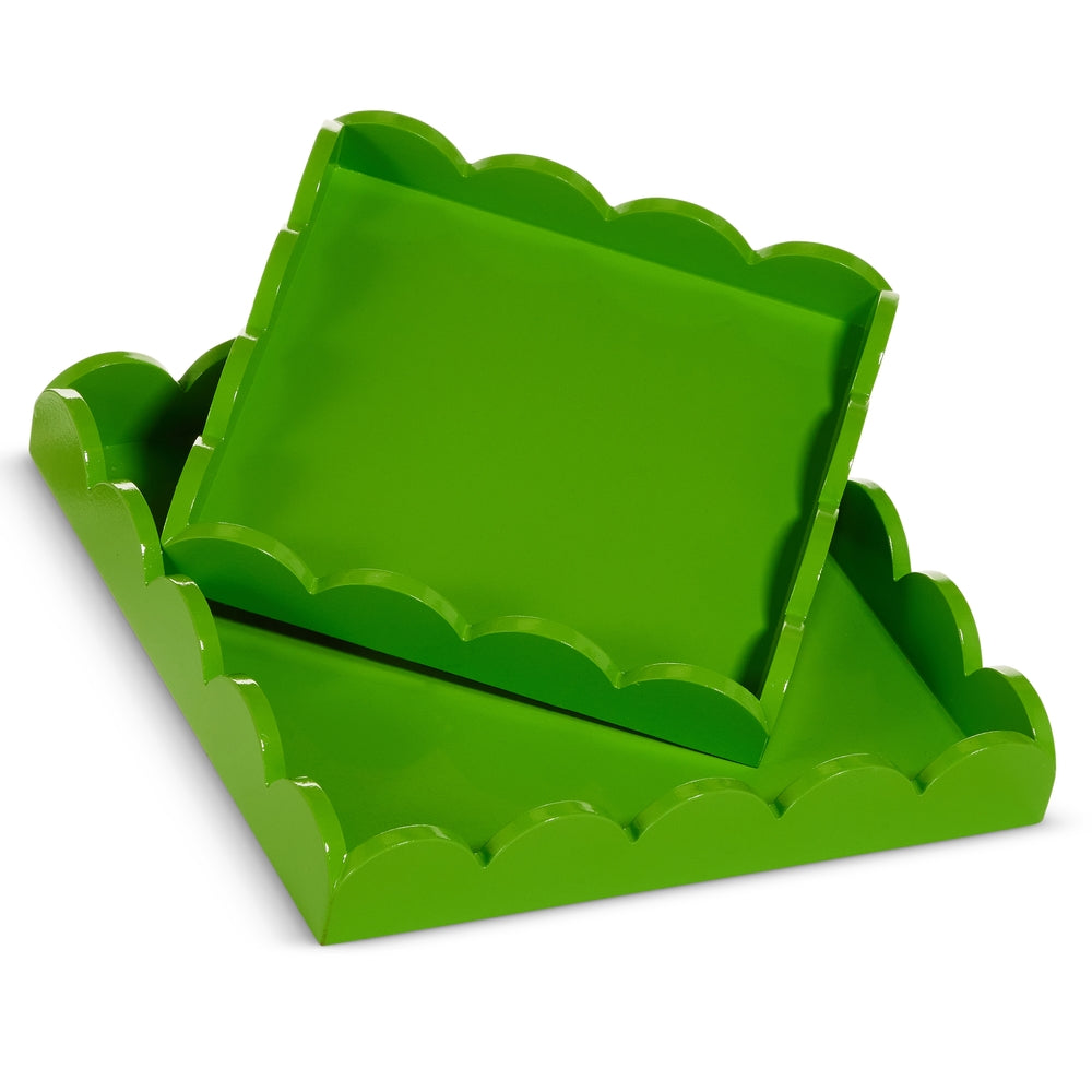 Green scalloped MDF decorative tray measuring 12 inches by 12 inches.