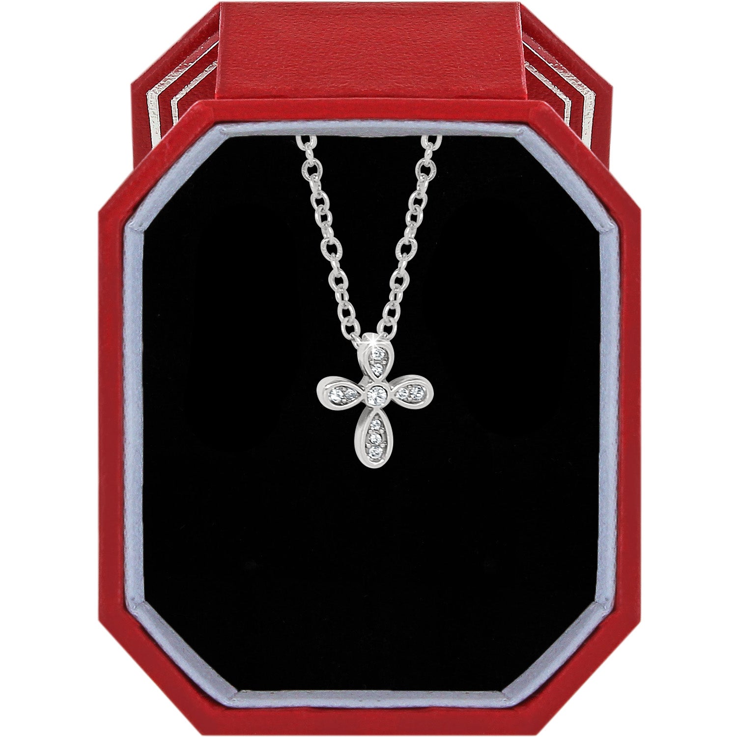 Silver plated cross necklace with crystal accents in an exclusive red Brighton gift box.