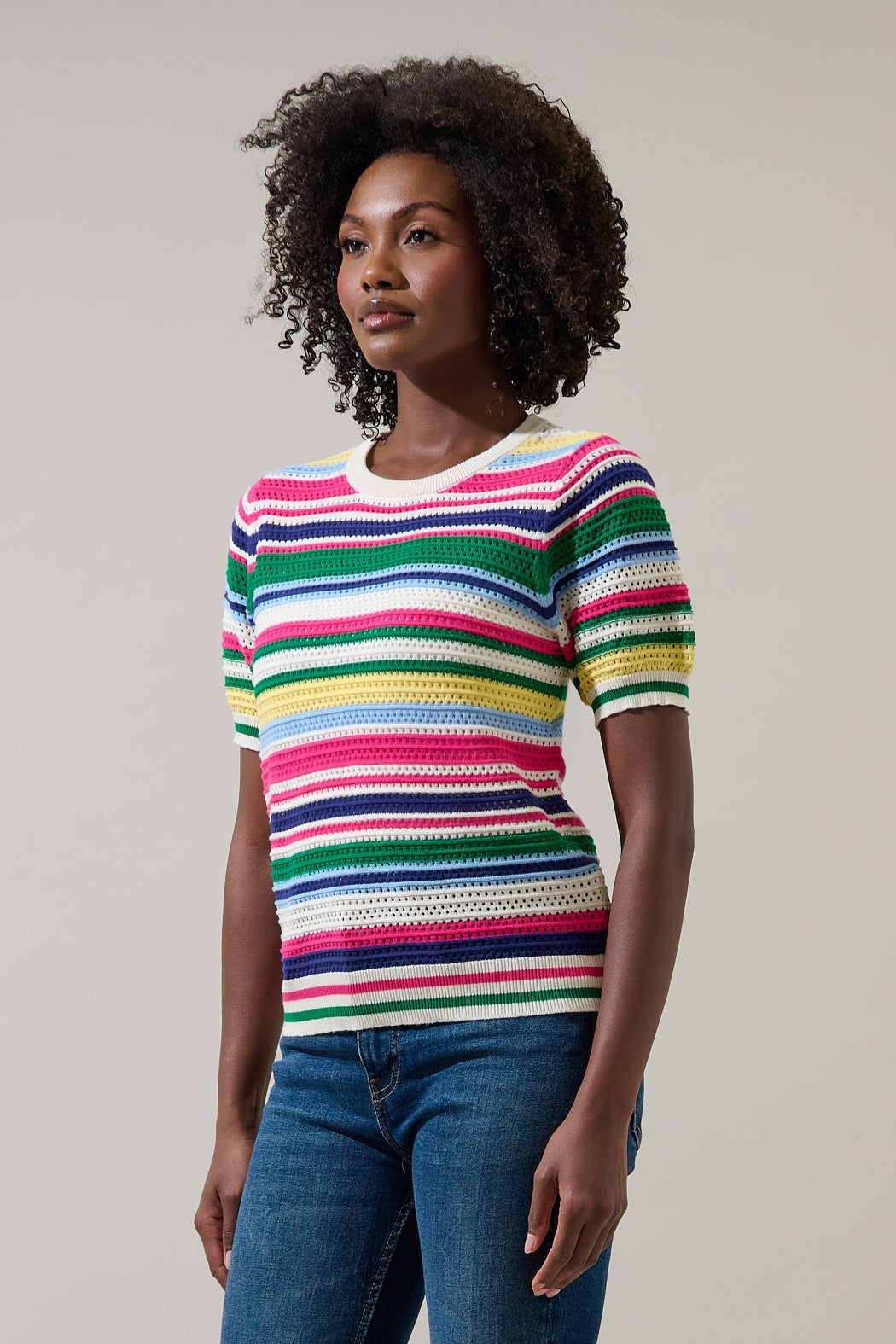 Women's Linzia striped crochet sweater top with short sleeves in cotton.