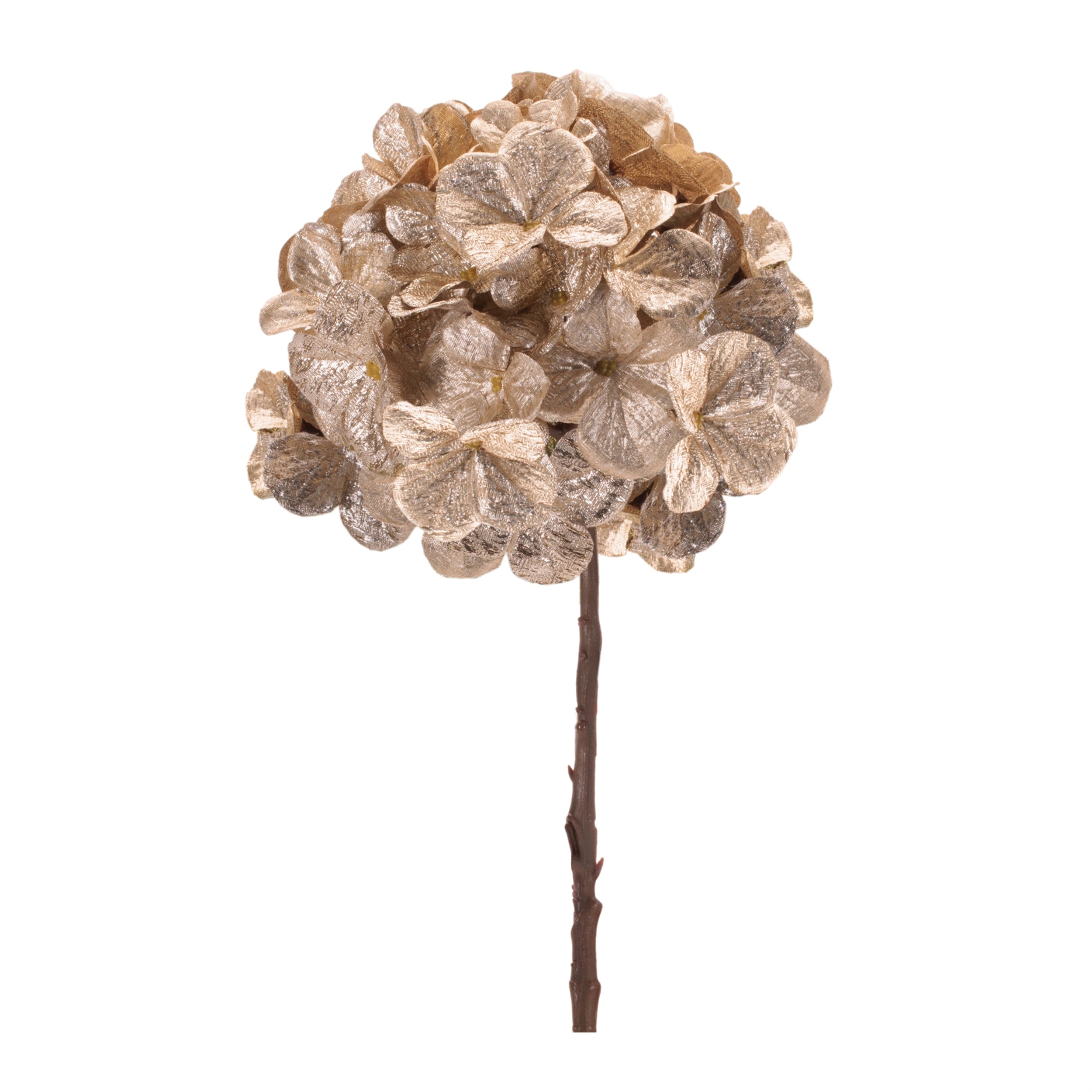 Single 22-inch gold polyester hydrangea stem with a brown textured stalk and metallic petals.