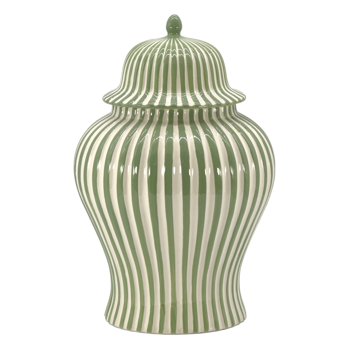 18-inch green and white candy cane striped ceramic ginger jar with lid.