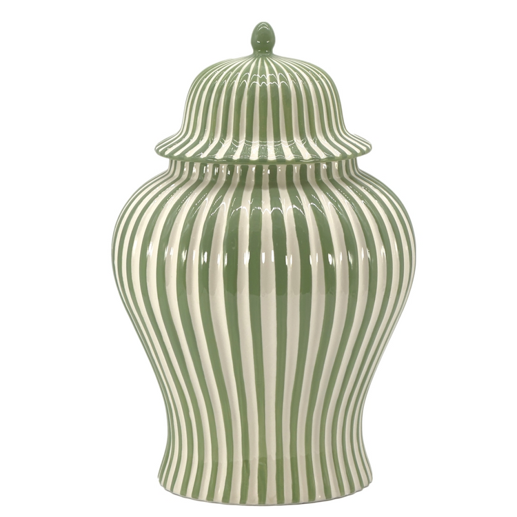 18-inch green and white candy cane striped ceramic ginger jar with lid.