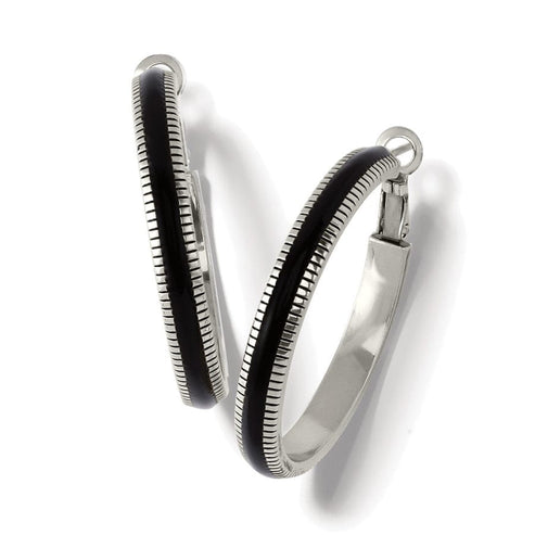 Interlok Noir Heirloom Hoop Earrings in silver-plated metal with black enamel inlay.