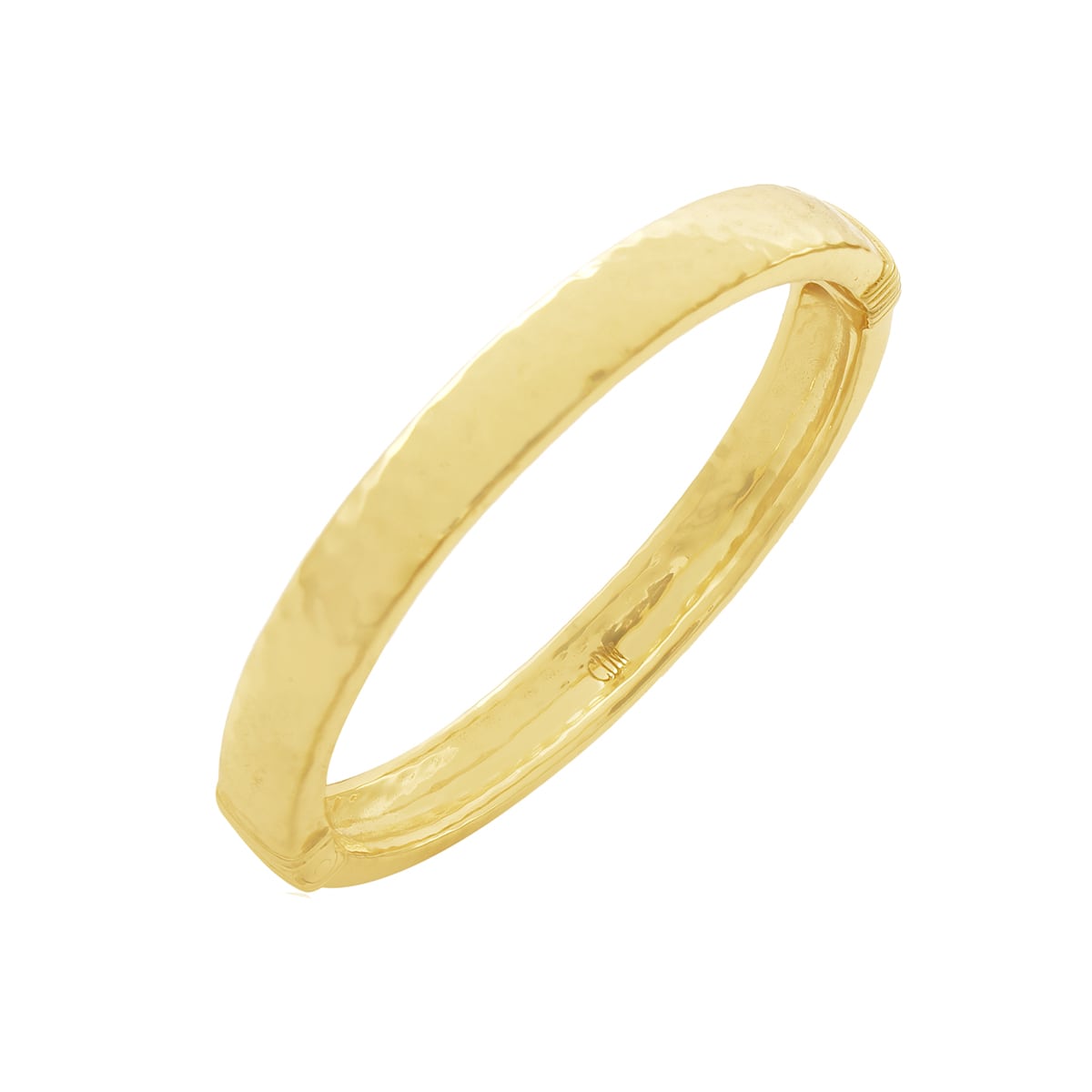 Gold-plated brass oval hinged bangle with a hinge closure.
