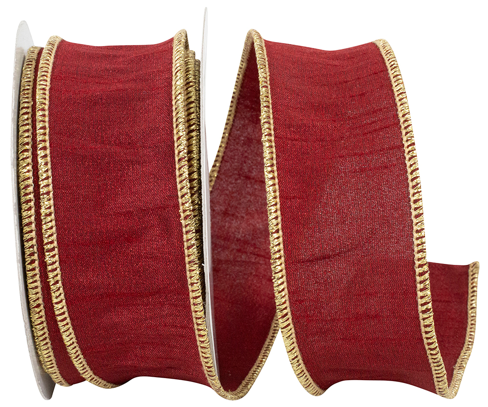 Scarlet red dupioni wired edge ribbon with gold metallic trim on a spool.