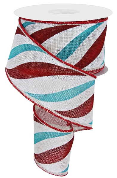 Ivory polyester ribbon with red swirl candy stripe pattern