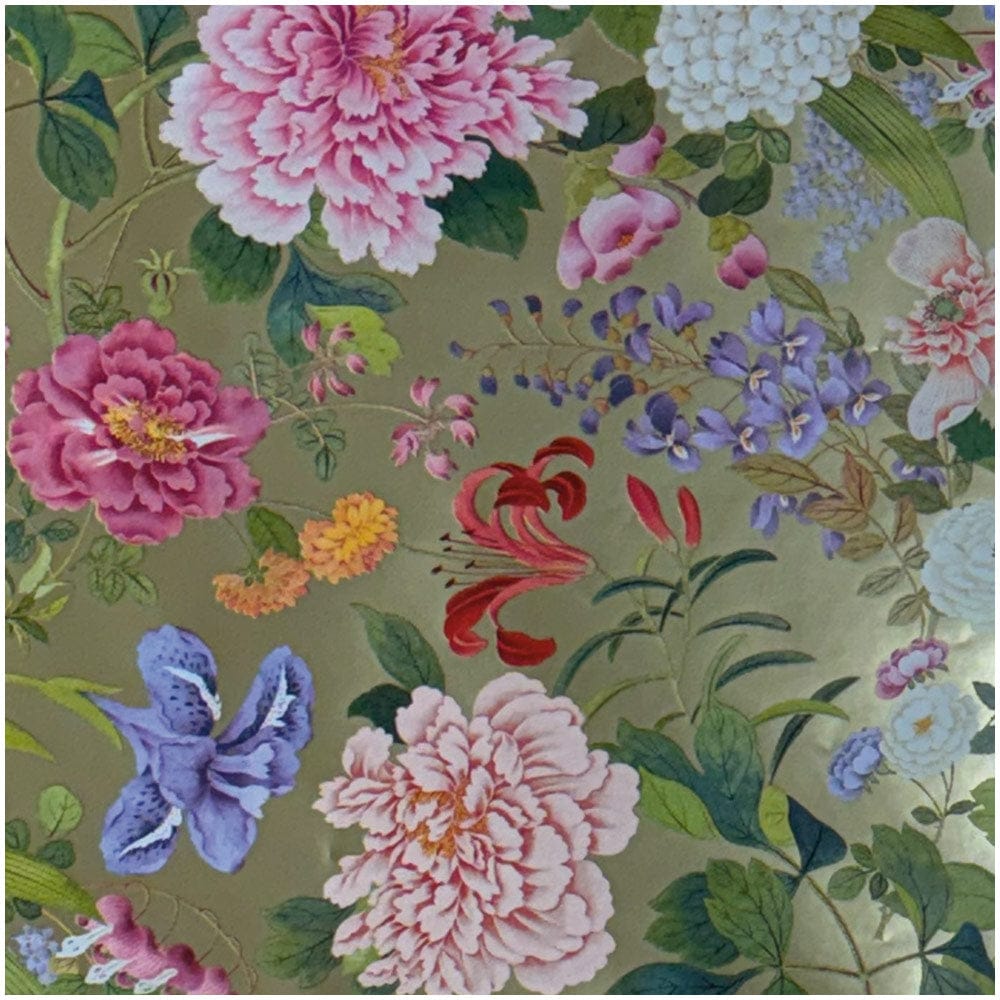 Close-up of A Profusion Of Flowers gold foil gift wrap featuring colorful floral patterns.