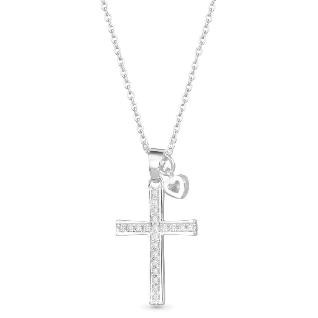 Silver pave cross necklace with a small dangling heart charm on a delicate chain.