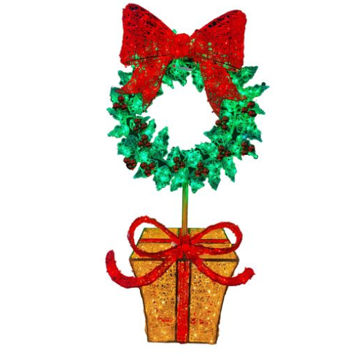 Outdoor holly wreath topiary with red, green, clear lights and gold glitter accents on PVC mesh.