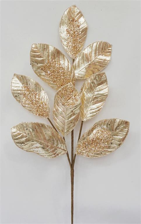 27.5" Metallic Magnolia Leaf Spray With Sequin Champagne