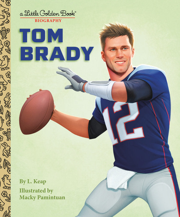 Tom Brady biography book with gold foil cover featuring his portrait.