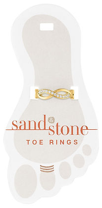 Sand & Stone gold-tone infinity toe ring with crystal accents on a foot-shaped display card.