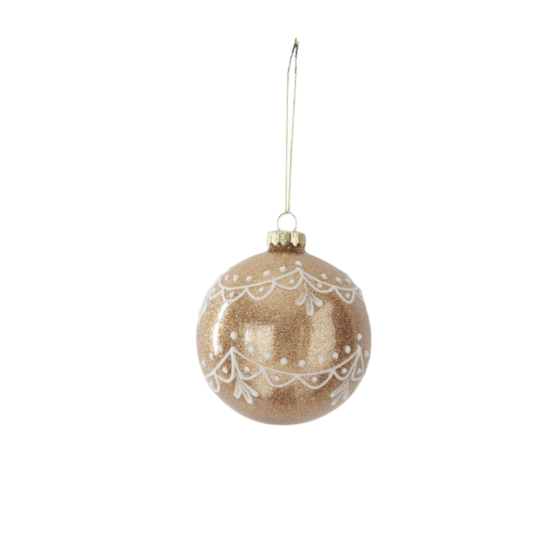4.5-inch gold glittered glass round ornament with white hand-painted line art and hanging string.