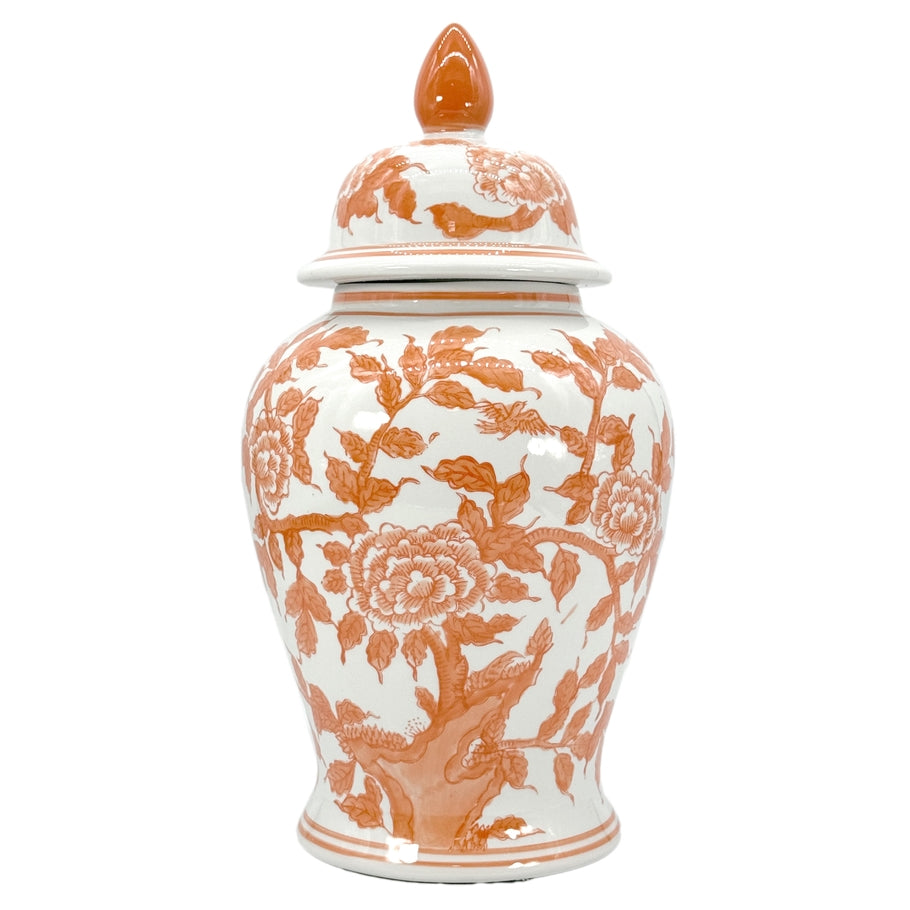 Tall white ceramic ginger jar with orange lotus chinoiserie pattern