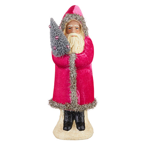 Twelve-inch pink velvet Santa figurine made of plaster with polyester fabric.