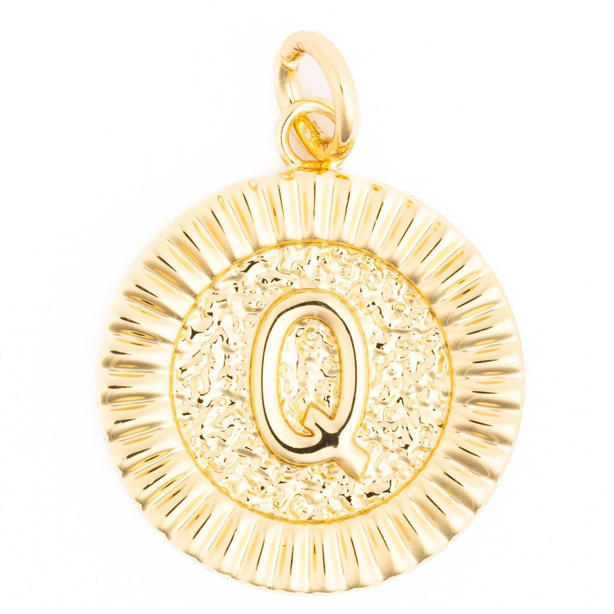Gold round charm with a textured center featuring the letter Q and a pleated sunburst border.