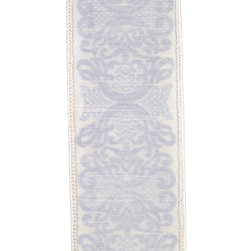 2-1/2 inch white and blue regal filigree chinoiserie printed dupioni wired edge ribbon.