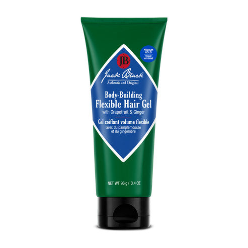 Jack Black Body-Building Flexible Hair Gel in a 3.4 oz green tube with a blue diamond label.