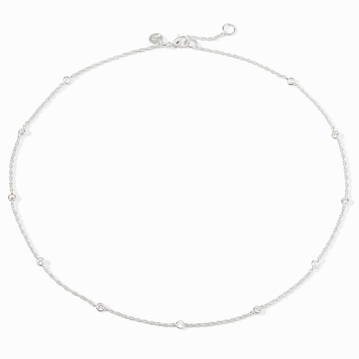 Silver station necklace with small round cubic zirconia stones and an adjustable lobster clasp.
