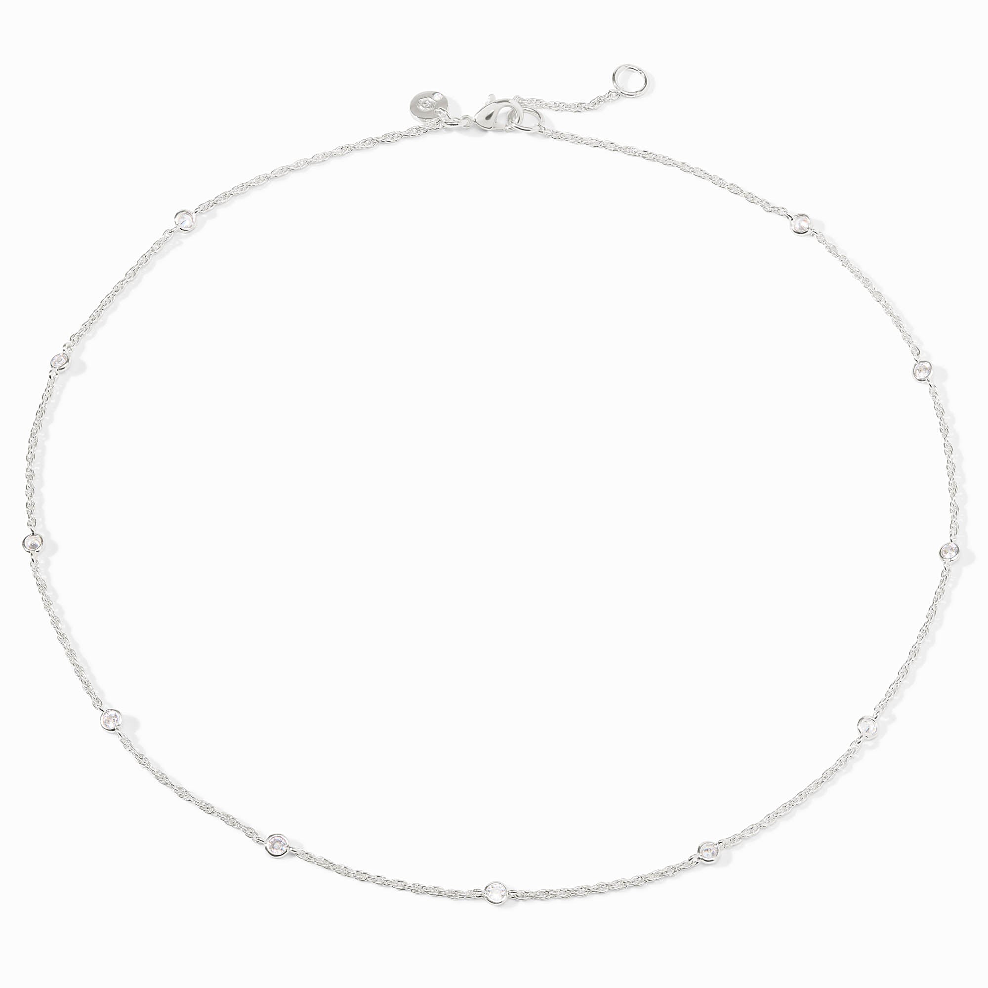 Silver station necklace with small round cubic zirconia stones and an adjustable lobster clasp.
