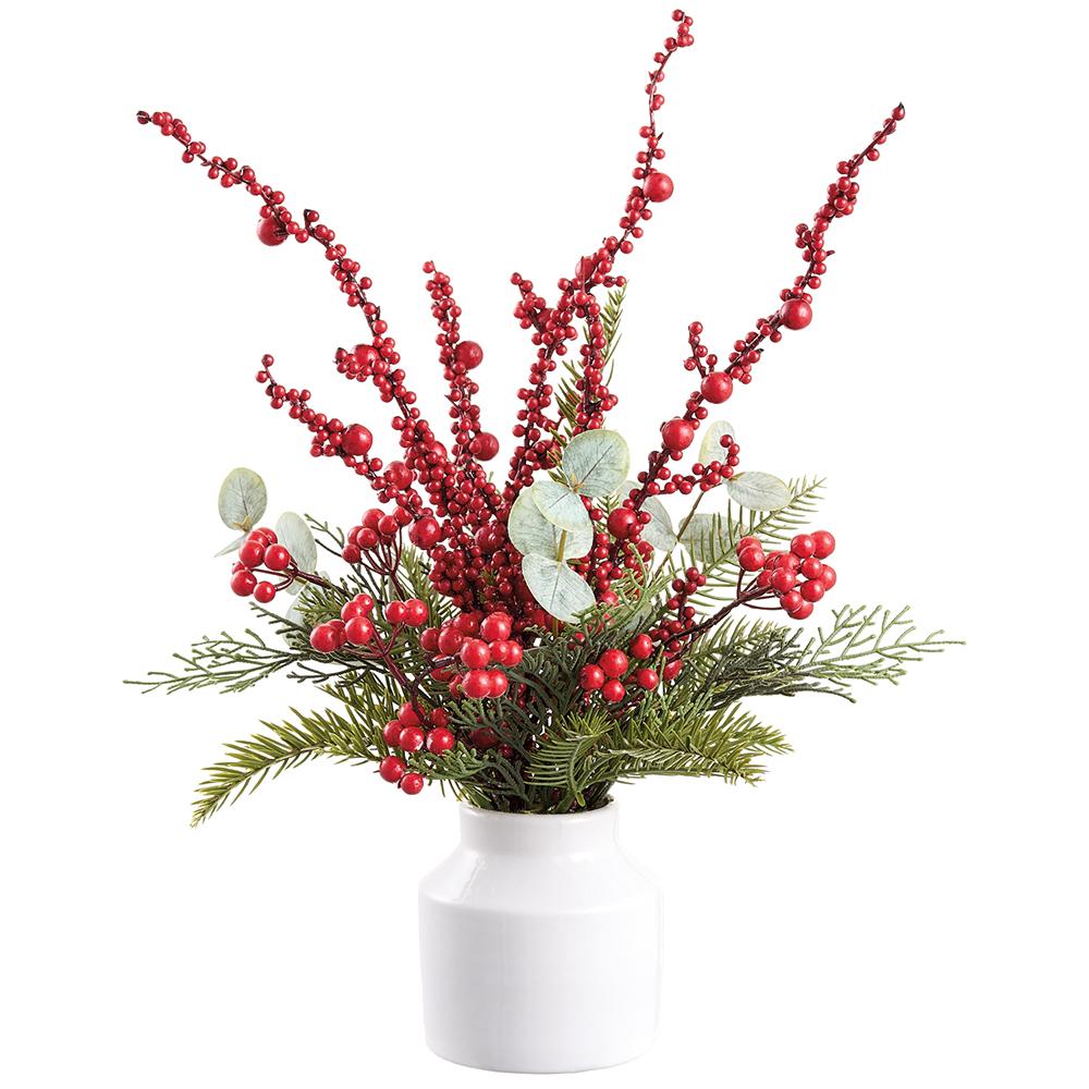 18-inch red berry, eucalyptus, and pine arrangement in a white ceramic vase.