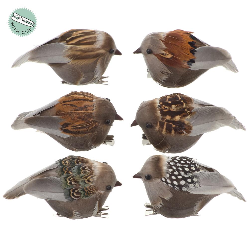 Set of six brown clip-on bird ornaments with various feather patterns and realistic details.