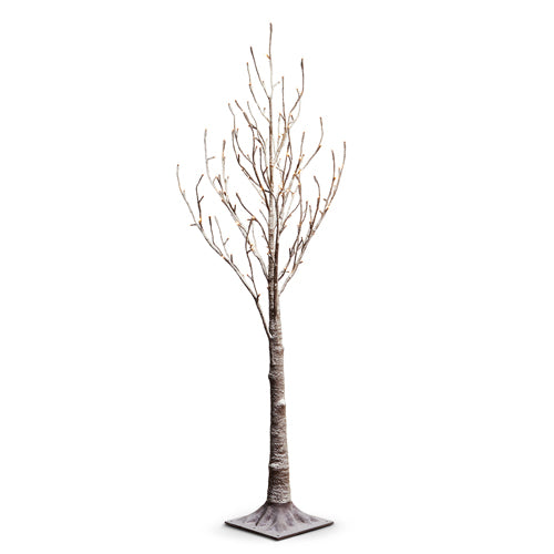4.5’ lighted snowy tree with brown branches and warm white LED lights on a square base.
