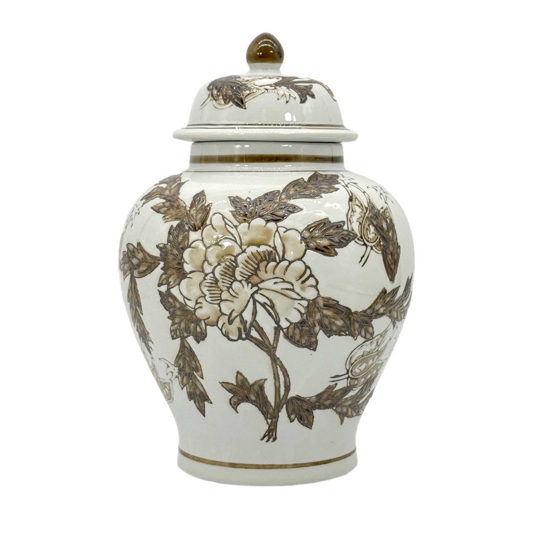 12 inch white and brown ceramic ginger jar with hand-painted floral chinoiserie design and lid.