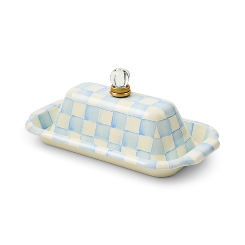 Hand-glazed steel butter box with hand-painted sky blue checks pattern, brass accents, and glass details.