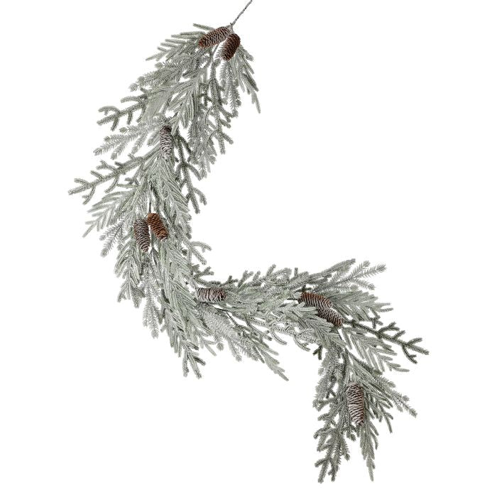 60-inch snowy pine garland with frosted branches and natural pinecones on a white background.