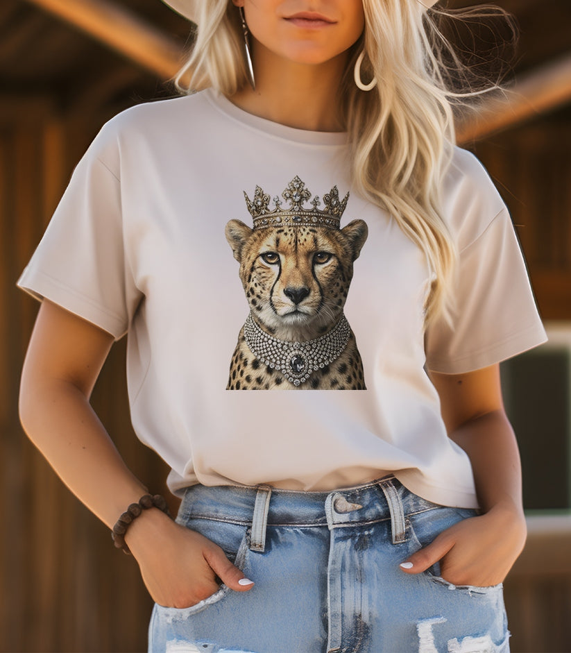 Black Softstyle Gildan t-shirt featuring a gold Cheetah Crown Jewels sand graphic on the chest.