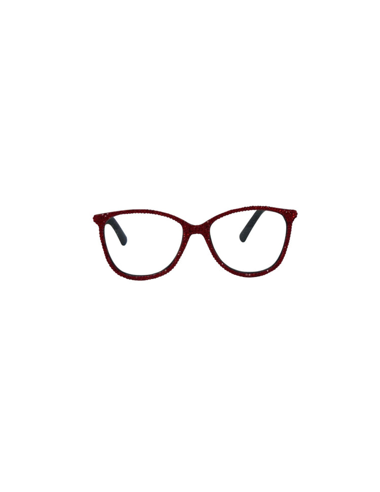 Red cat-eye reading glasses with sparkling rhinestone-covered frames and clear lenses.