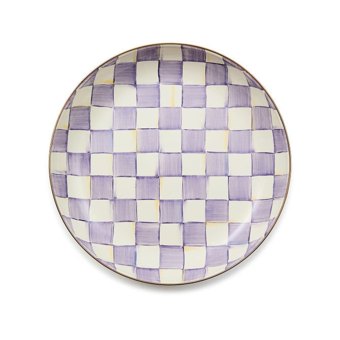Violet check ceramic bowl with a round shape and geometric square pattern