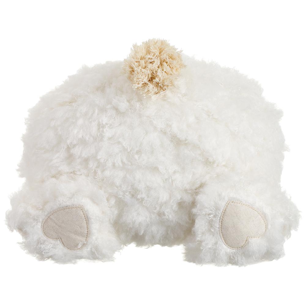 White beige polyester bunny butt plush pillow measuring 5.5 inches wide by 15 inches long.