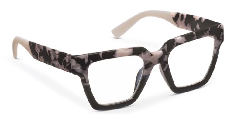 Take A Bow eyeglasses with bold blue color blocks, animal print accents, and spring hinges in recycled polycarbonate.