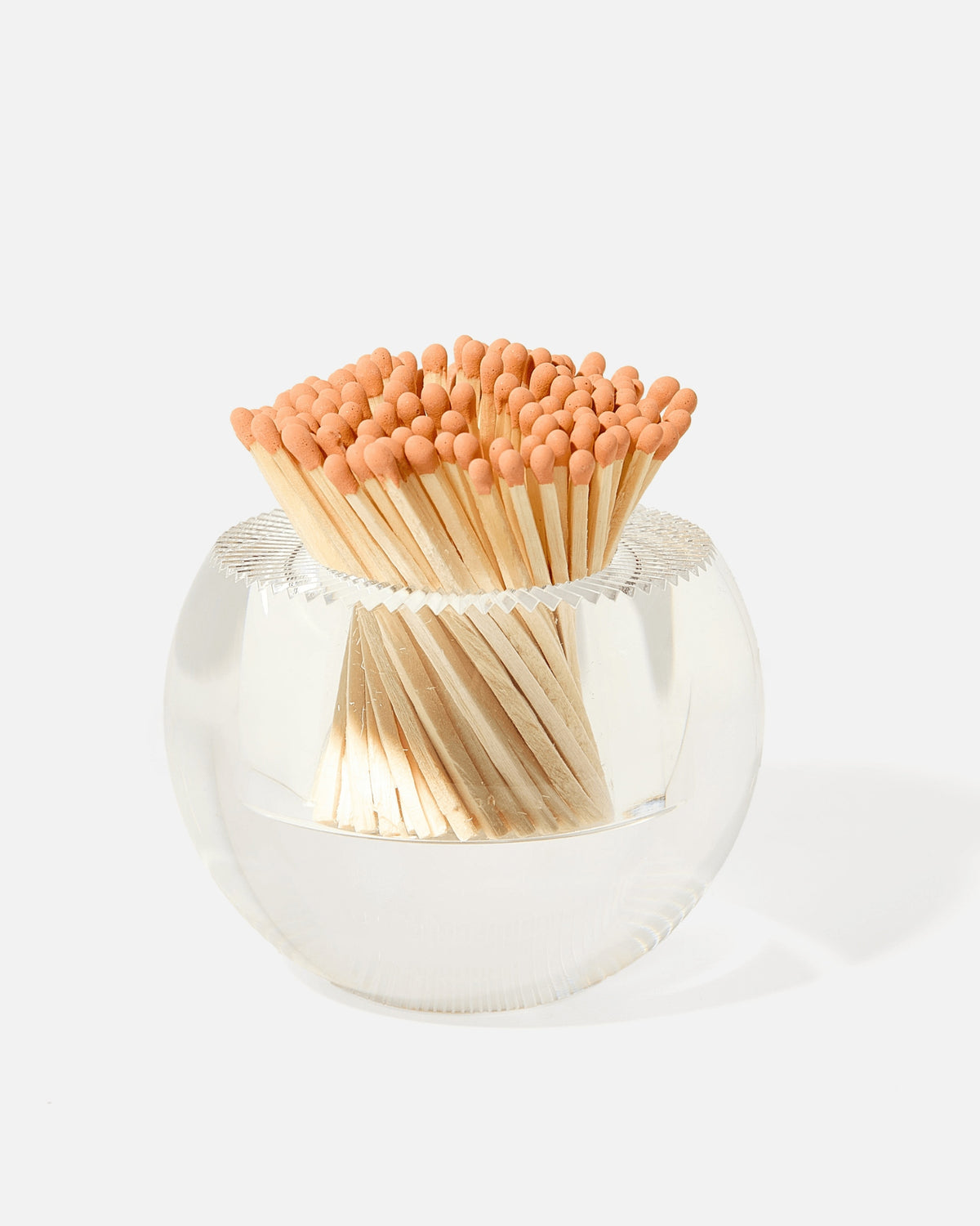 Round glass match striker filled with 140 orange-tipped wooden matches.