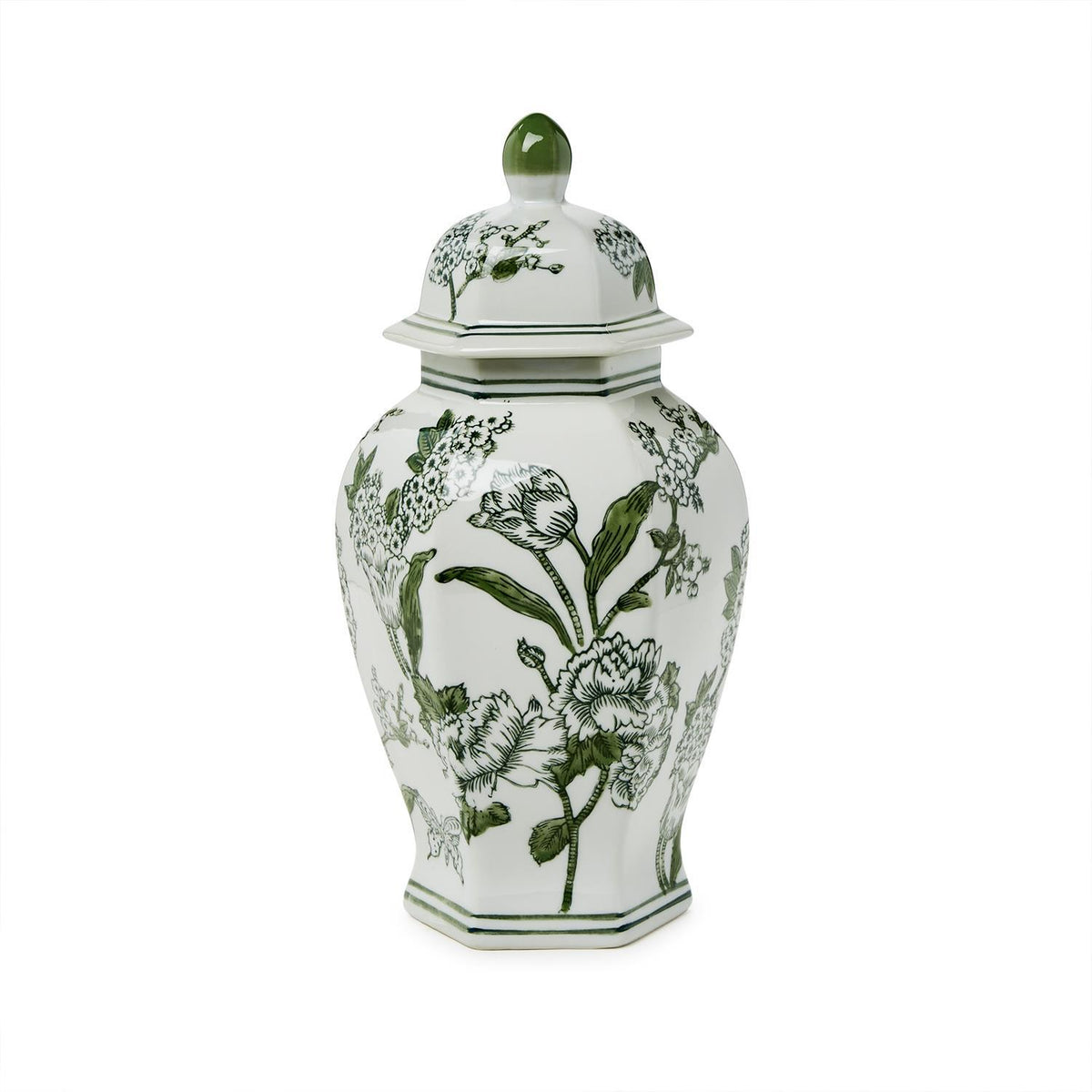 14-inch hexagonal green and white porcelain temple jar with primrose and lotus floral patterns.