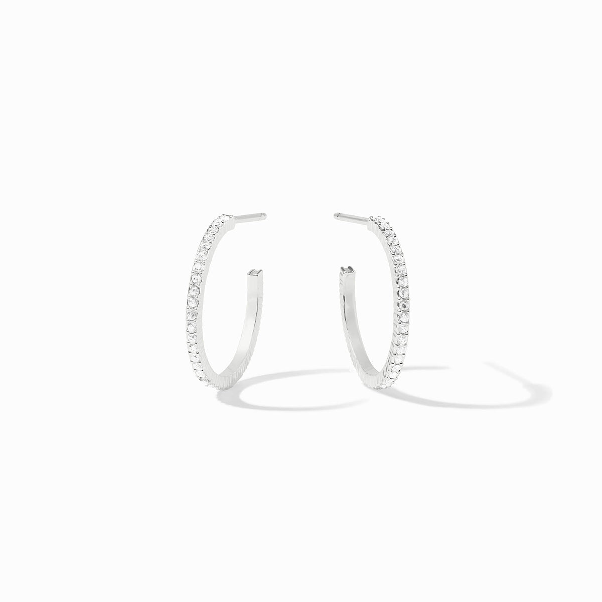 Silver plated Windsor hoop earrings with cubic zirconia accents in small size.