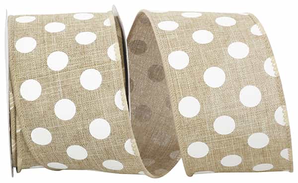 White linen wired edge ribbon with jumbo dot pattern
