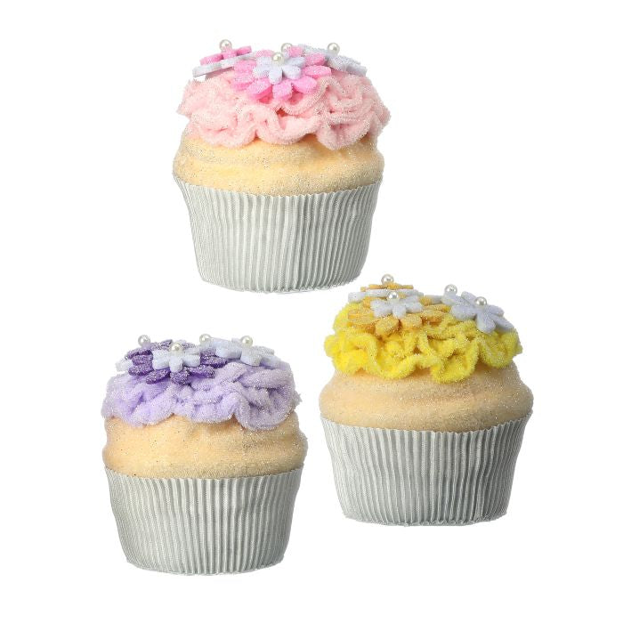 4-inch vintage-style Easter blossom cupcake in white styrofoam with pastel floral pattern.
