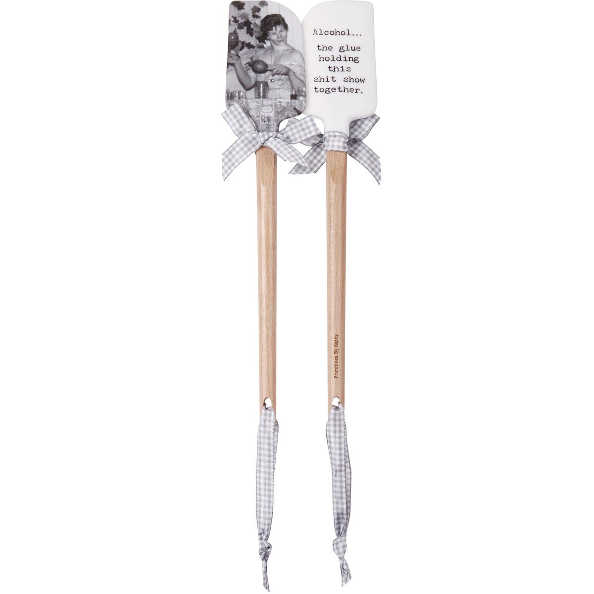 Wooden-handled silicone spatula with engraved logo and gray-and-white gingham ribbon bow.
