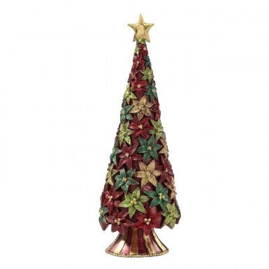Resin Stargazer Blossom Cone Tree with red, green, and gold flowers and a star topper.