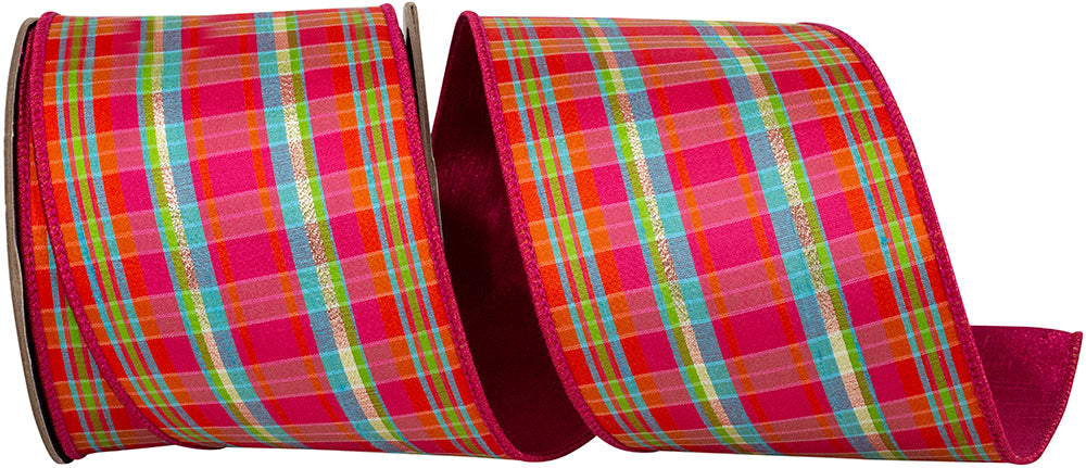 Festive pink, orange, and blue plaid wired edge ribbon with metallic gold accents.
