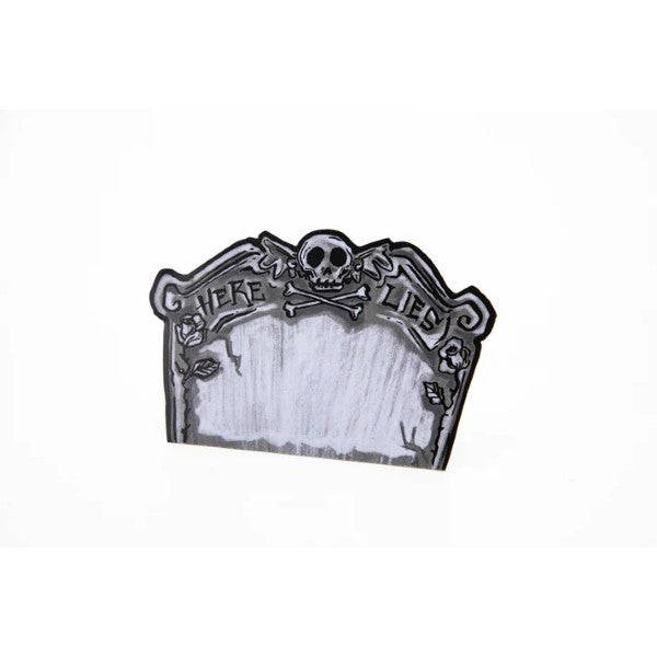 Tombstone place card with a skull and crossbones design and the words Here Lies.