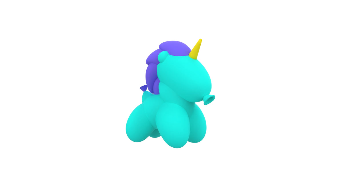 Turquoise balloon unicorn with purple mane and yellow horn.