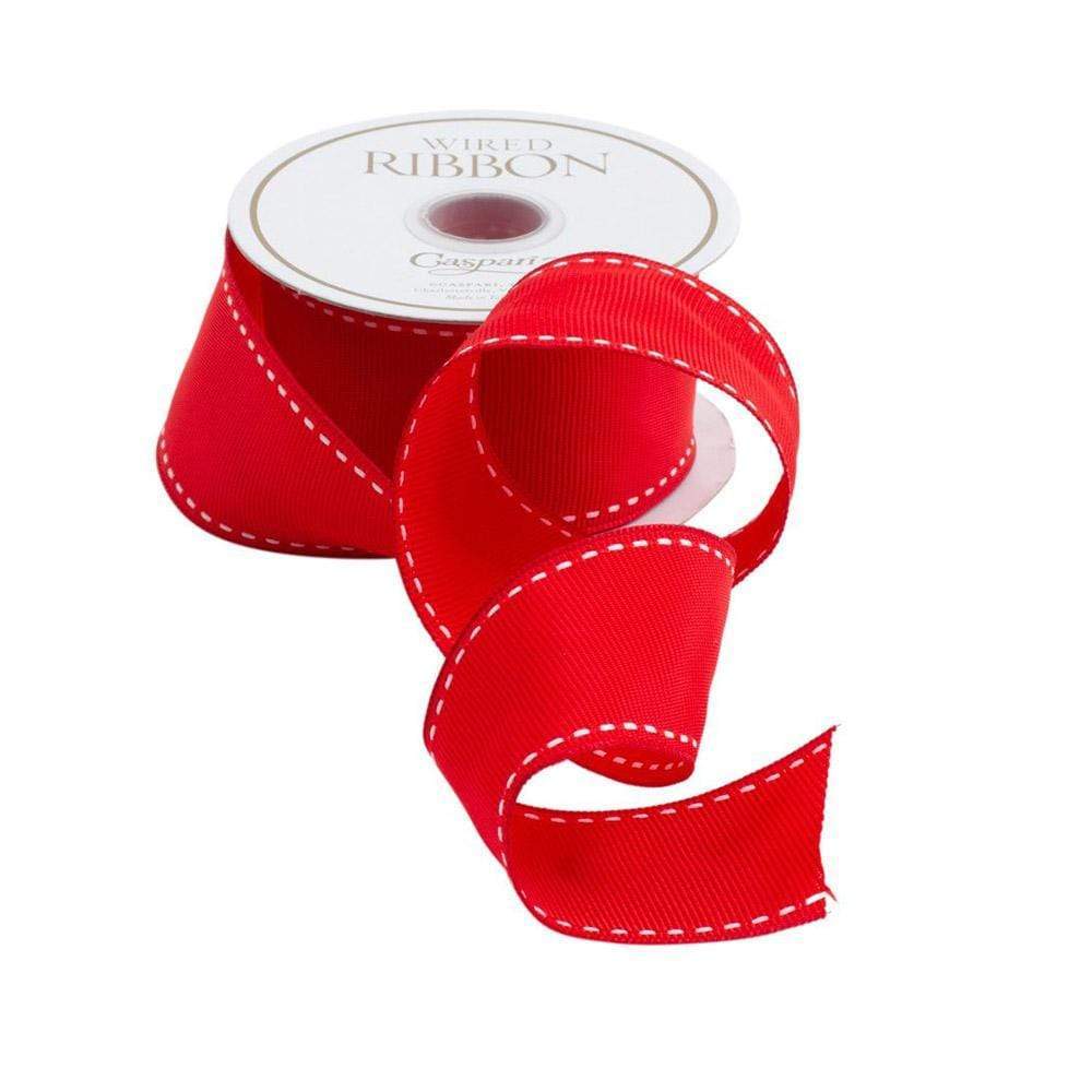 Red grosgrain wired ribbon with white stitched edges on a 9-yard spool.